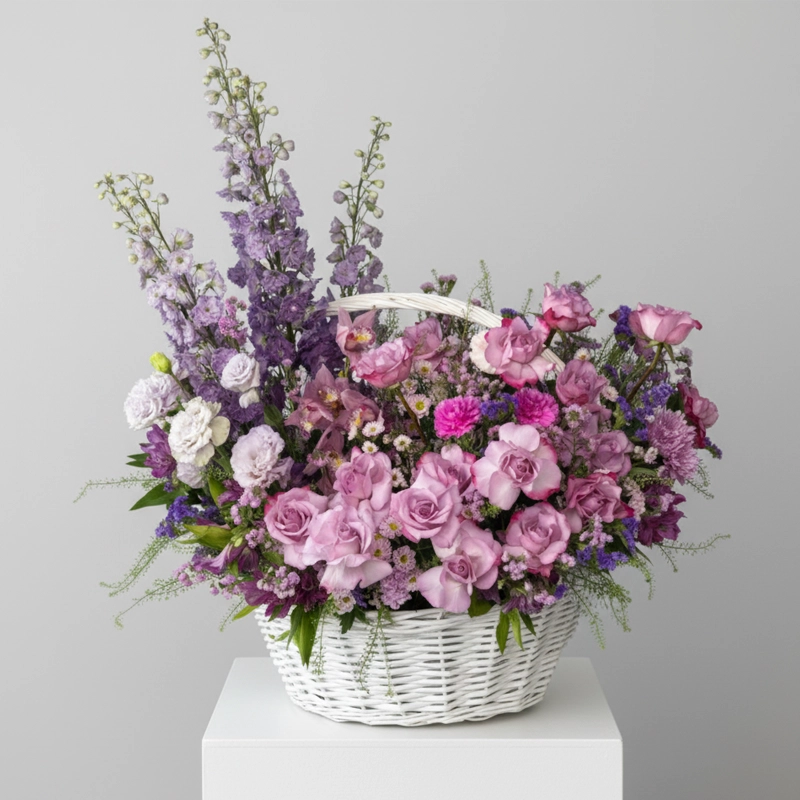 Large, elegant floral basket featuring purple roses, lilac delphinium, and pink flowers in a white woven basket, a perfect gift for celebration delivery in the UAE.